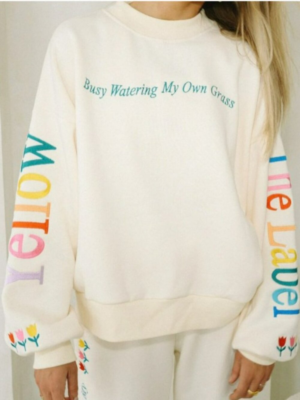 Yellow The Label Cream 'Busy Watering My Own Grass' Embroidered Sweatshirt XL